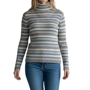 Vintage Striped Ribbed Turtleneck‎ Sweater Blue Grey Cream Long Sleeve Sonoma